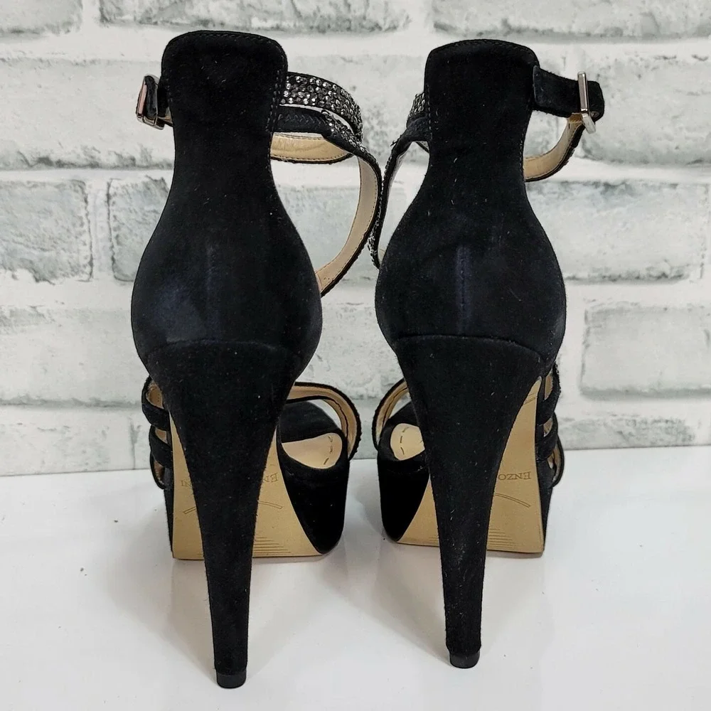 Enzo Angiolini Eataelon Black‎ Suede Rhinestone Heels Leather Upper 6M Glam Luxe